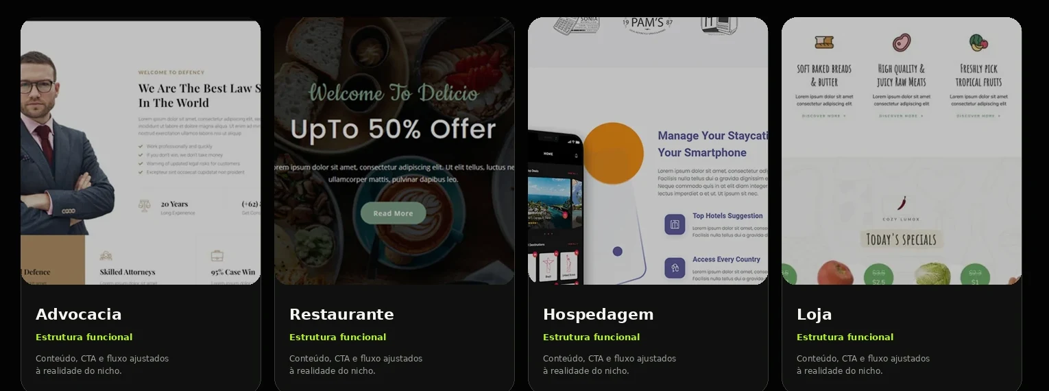 Templates reais da FATORE para advocacia, restaurante, hospedagem e loja